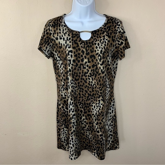 Leopard Print Short Sleeve Top Gold Accent Stretch Large Animal Print - Picture 4 of 8